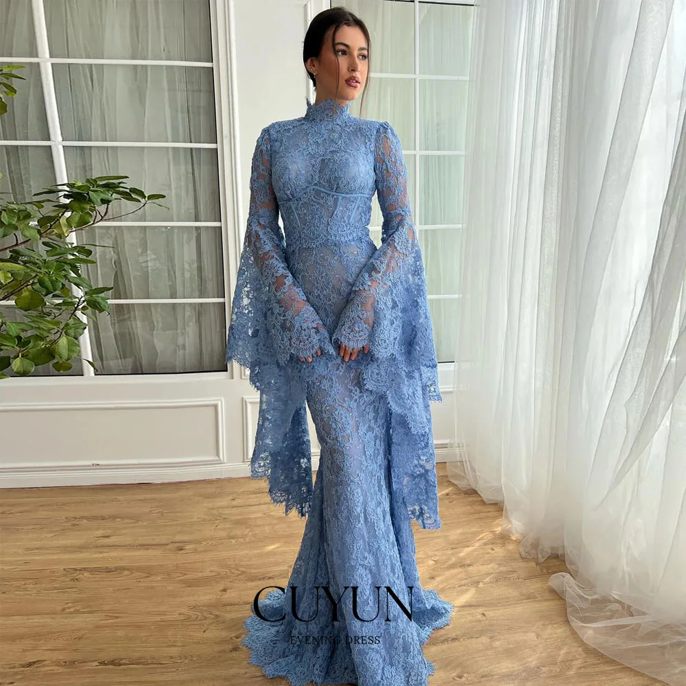 CUYUN Customized Dubai Blue Lace Mermaid Evening Dress with High Neck Flare Sleeve for Woman Formal Event Wedding Prom Gown