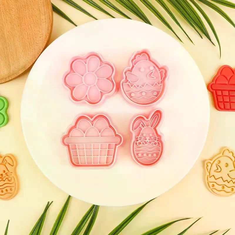 1/4Pcs Easter Rabbit Biscuit Mold Plastic Bunny Egg Cookie Cutter Stamp Embosser Easter Party Fondant Cake Baking Decoration