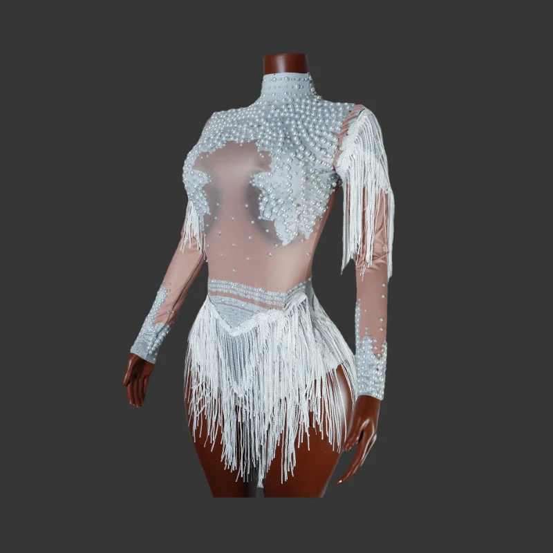 Sparkly Rhinestones Sequins Tassel Bodysuit for Women Sexy Performance Dance Costume Singer Bar Dancer Stage Birthday Drag Queen