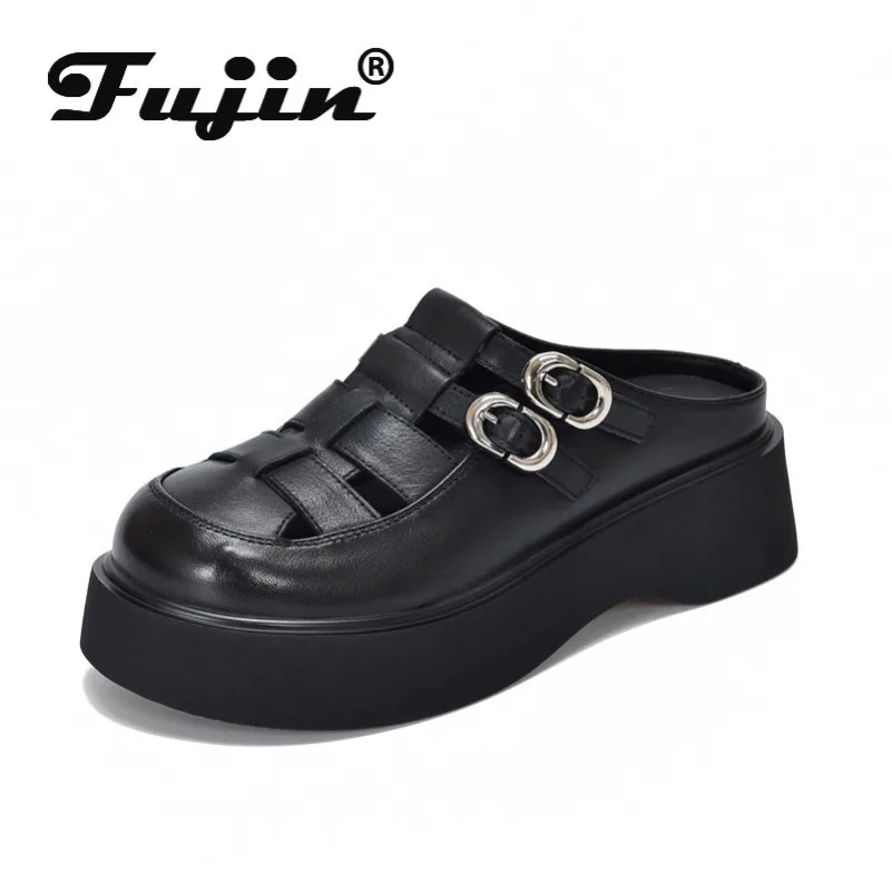 

Fujin 4.5cm Women Boots Summer Platform Wedge Booties Shoes Cow Genuine Leather Flats Mary Jane Sandals Slip on Pumps Flats