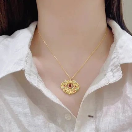 

AU999 Gold Necklace Womens Palace Style Clavicle Chain 24K Pure Gold Ruyi Lock Pendant Hollow Inlaid Gemstone Jewelry