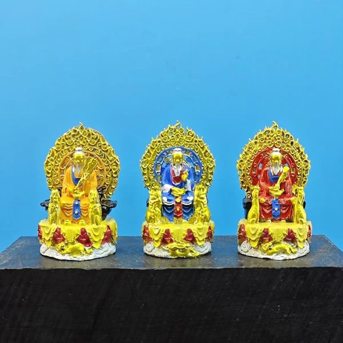 Brass Painted San Qing Three Pure Ones Taoist Gods Mini Statues Set Altar Decor
