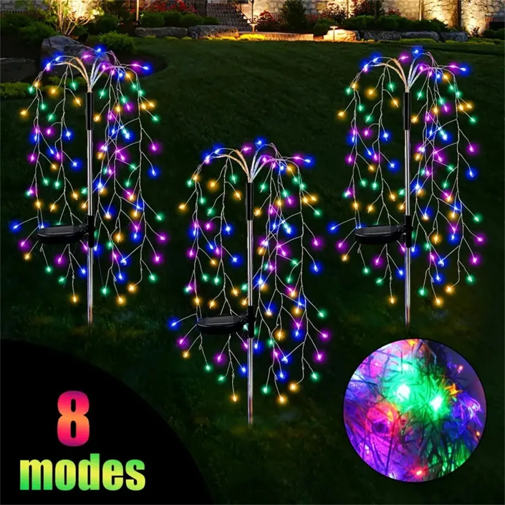 

1PC 100LED Solar Firecracker Ground Stake Lights, Colorful Waterfall Fairy Lights for Outdoor Patio Party Garden Yard Decor