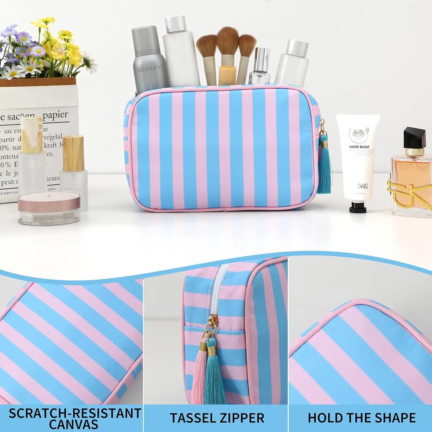 Große gestreifte tragbare Kosmetiktasche für Damen, Make-up-Tasche mit Quasten und Reißverschluss, große Kapazität, lässige Tragetasche mit Reißverschluss – Detail 8
