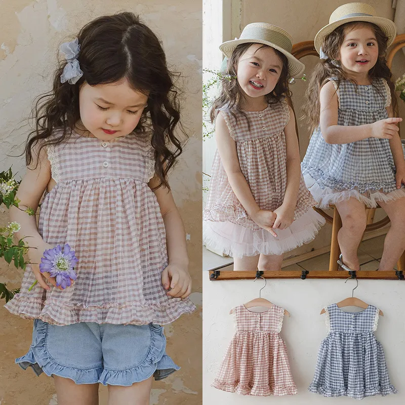 

2025 Summer Korean Children Girl Sweet Plaid Lace Vest Dress