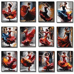 Abstract Spanish Flamenco Dancer Poster Red Dress Woman Canvas Painting Wall Art Picture for Living Room Cuadros Home Decor