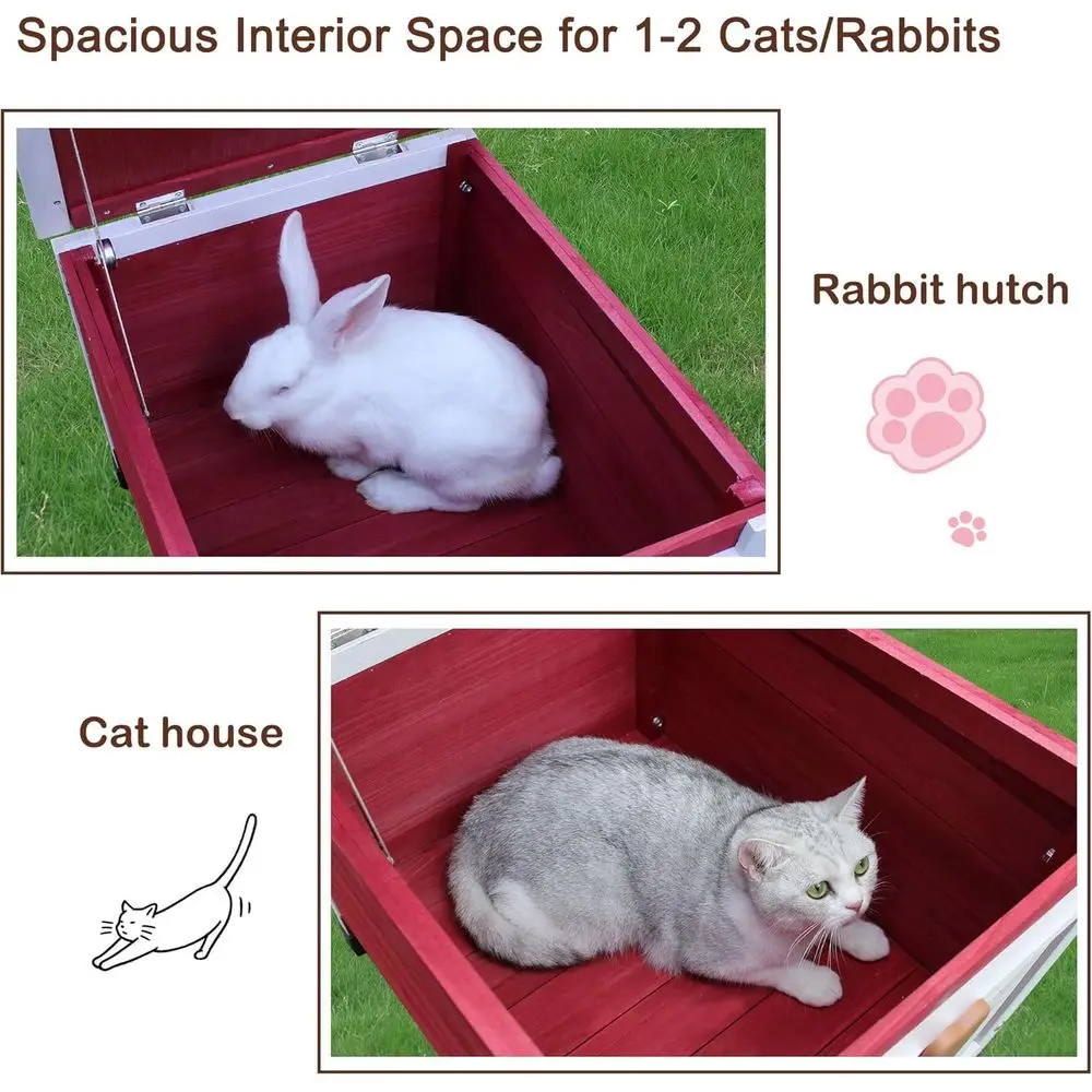 Weatherproof Outdoor Cat Shelter for Feral Cats - Small Wooden Rabbit Hutch in Red