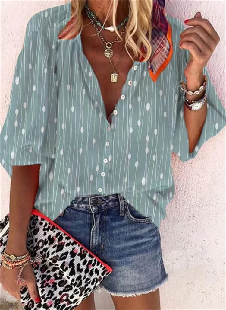 2024 new popular fashion summer European and American women\'s stand collar loose button retro printed casual shirt