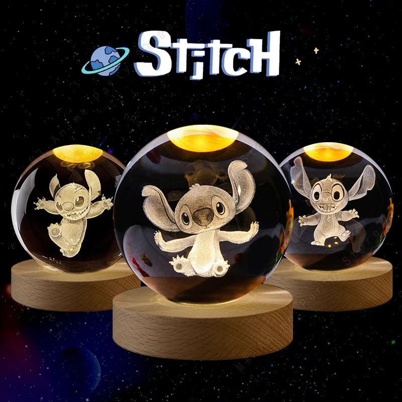 Lilo and Stitch lampu bola kristal anak, lampu bola kristal 3D unik Disney, lampu malam bercahaya LED, mainan hadiah ulang tahun anak-anak 5cm