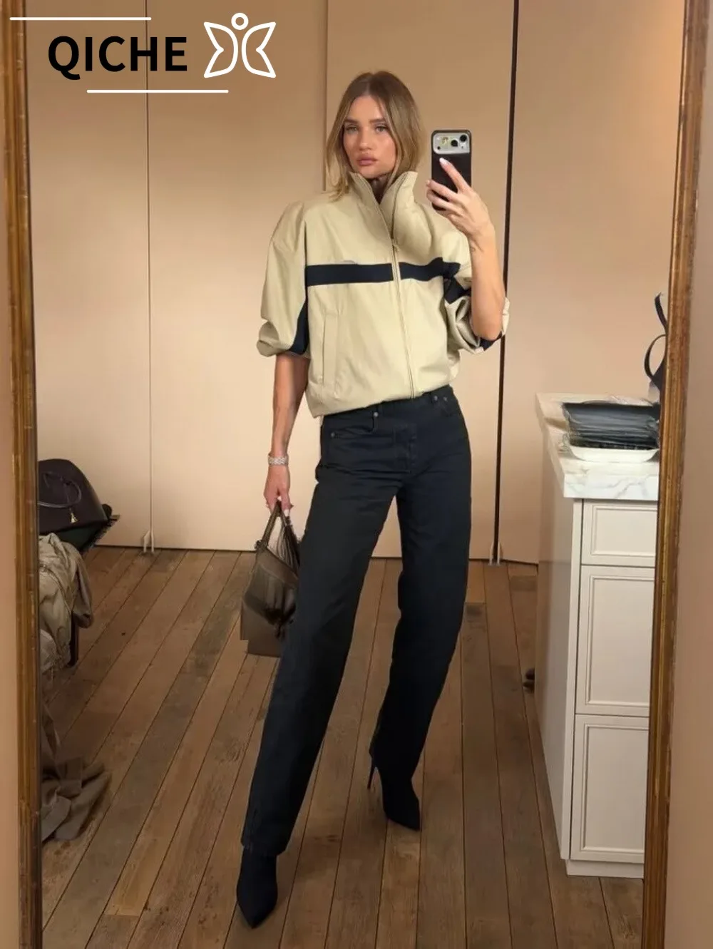 QICHE 2026 New European Style Zip Jacket For Women, Khaki Stand Collar With Color Block Splicing Design Outer Coat