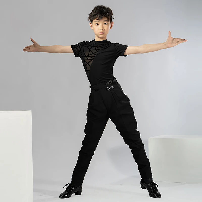 New Kids Boy Latin Dance Costumes Children Long Sleeve High-Neck Tops Ballroom Cha Cha Dance Training Clothes Black Shirt XH1831