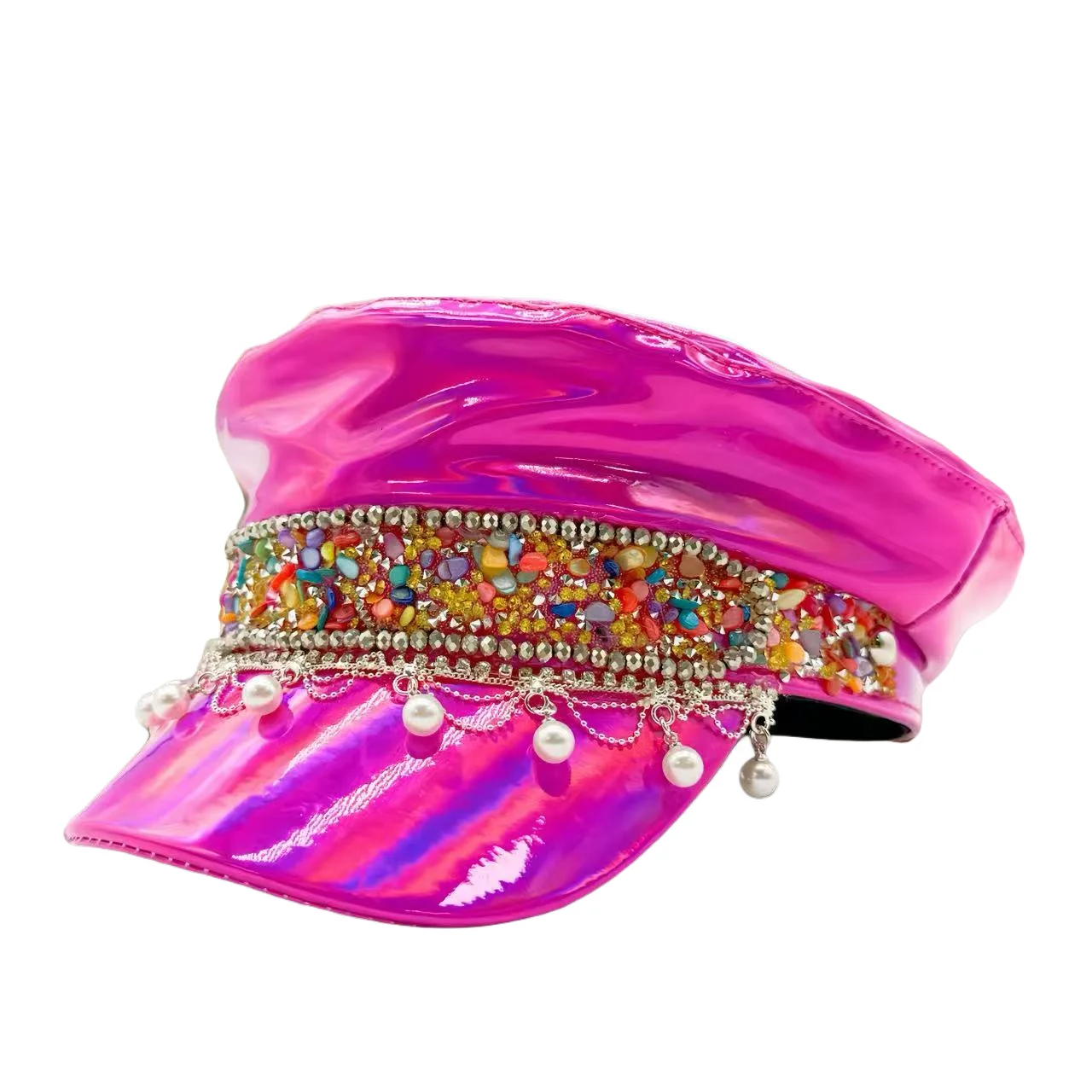 HongLuan  Laser Leather Captain Hat Rhinestone & Military Caps for Woman, Rave Festivals Accessories ＆ Party Cap Man Cosplay Fem