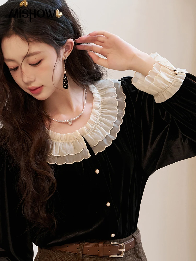 MISHOW French Retro Velvet Blouses for Women 2023 Autumn Winter Button Down O Neck Korean Long Sleeve Shirt Tops MXC51X1323