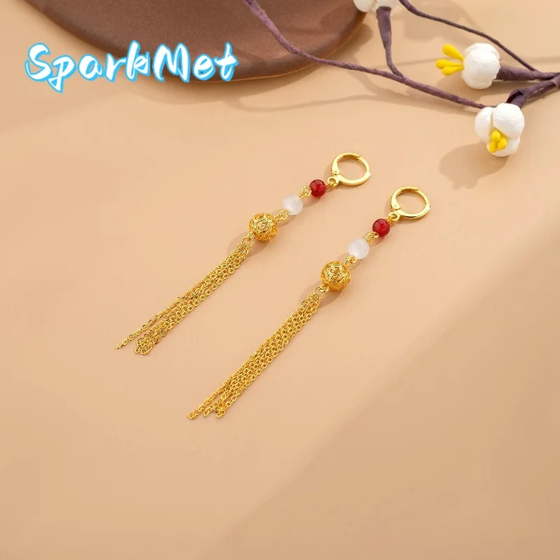 Pendientes de Aro con Borla y Perlas de Dos Colores, Diseño de Hortensia, Oro Real de 24K, Estilo Lujoso y Moderno para Mujer, Regalo para Novia