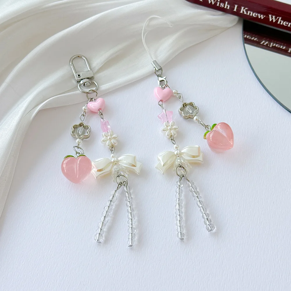 

New ins style sweet pink peach love beaded phone rope keychain bag pendant accessories gift for woman girl