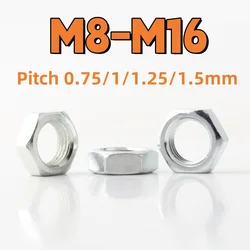 Hex Nut M8 M10 M12 M14 M16 Galvanized Carbon Steel Fine Thread Hexagon Nut Thin Nut Lighting Nut Pitch 0.75/1/1.25/1.5mm