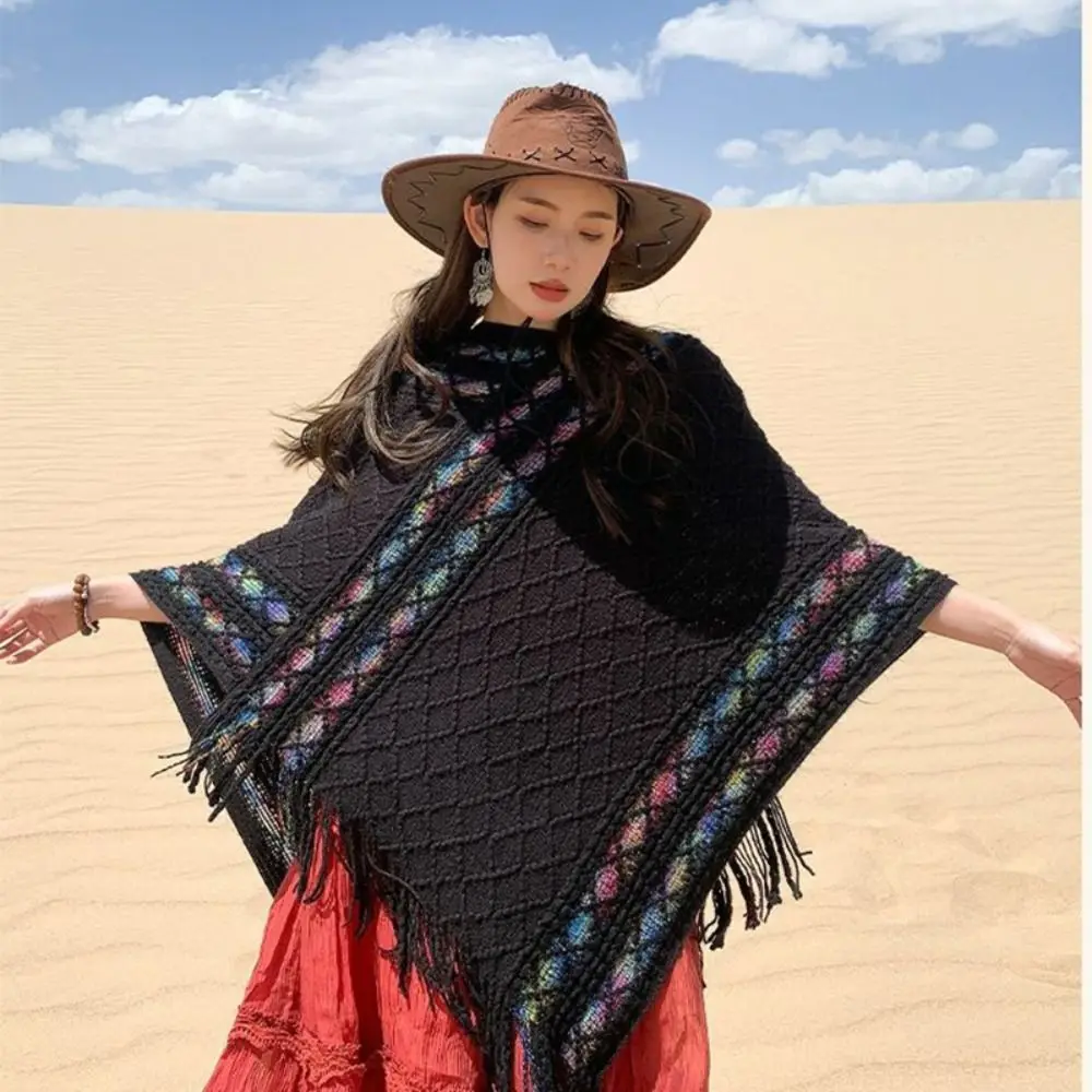 

Simple Printing Ethnic Style Scarf Stripe Bohemia Knitted Cape Rhombic Fashion Imitation Cashmere Shawl Travel Vacation