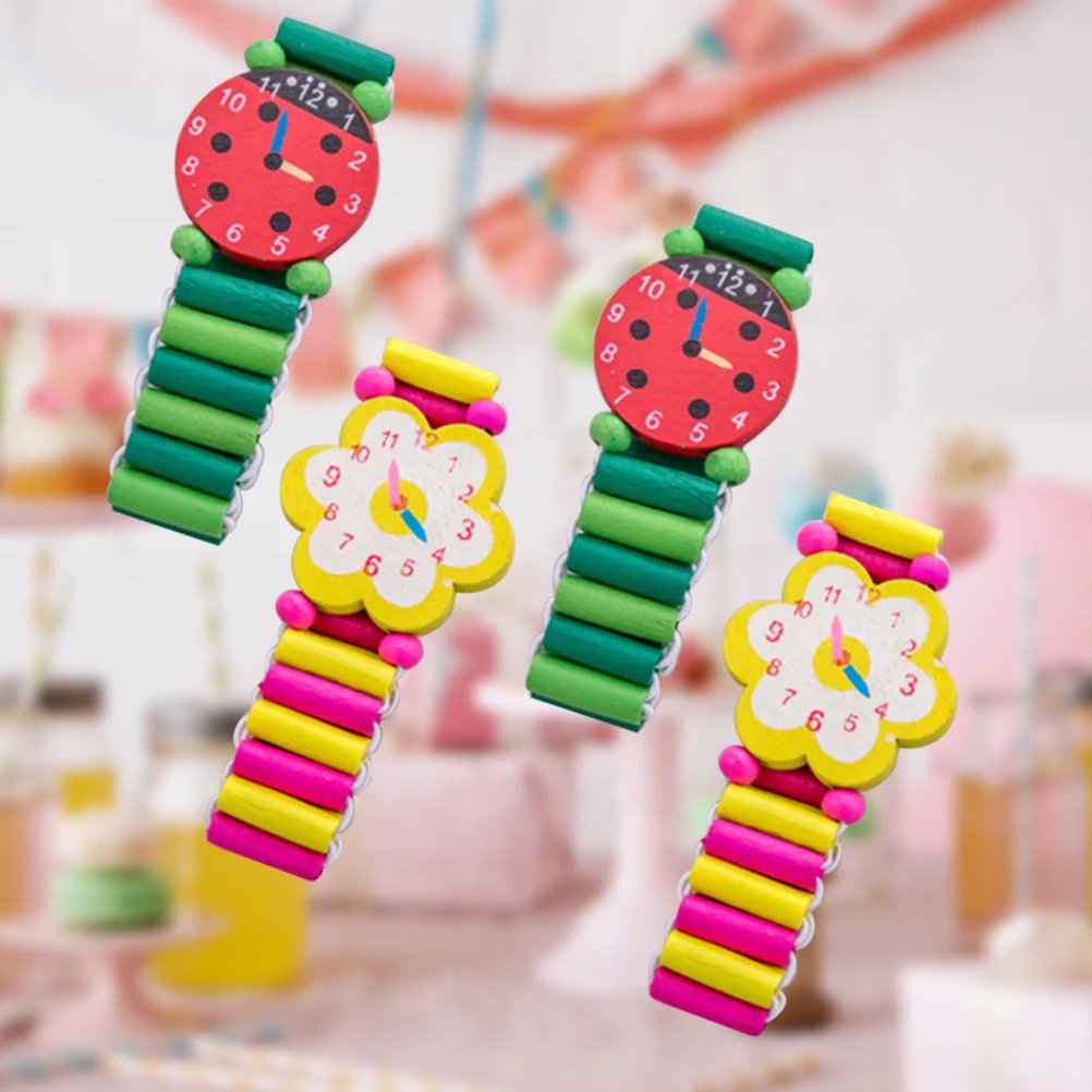 

4 Pcs Watch Kids Toy Wood Crafs Cartoon Ristwatches Simulation Wristwatches Child