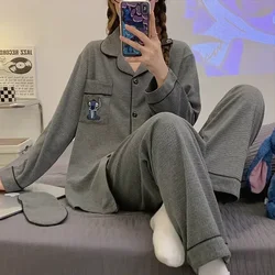 Disney Stitch silk pajamas women's autumn pure cotton long-sleeved trousers cute cartoon comfortable home women's pajamas