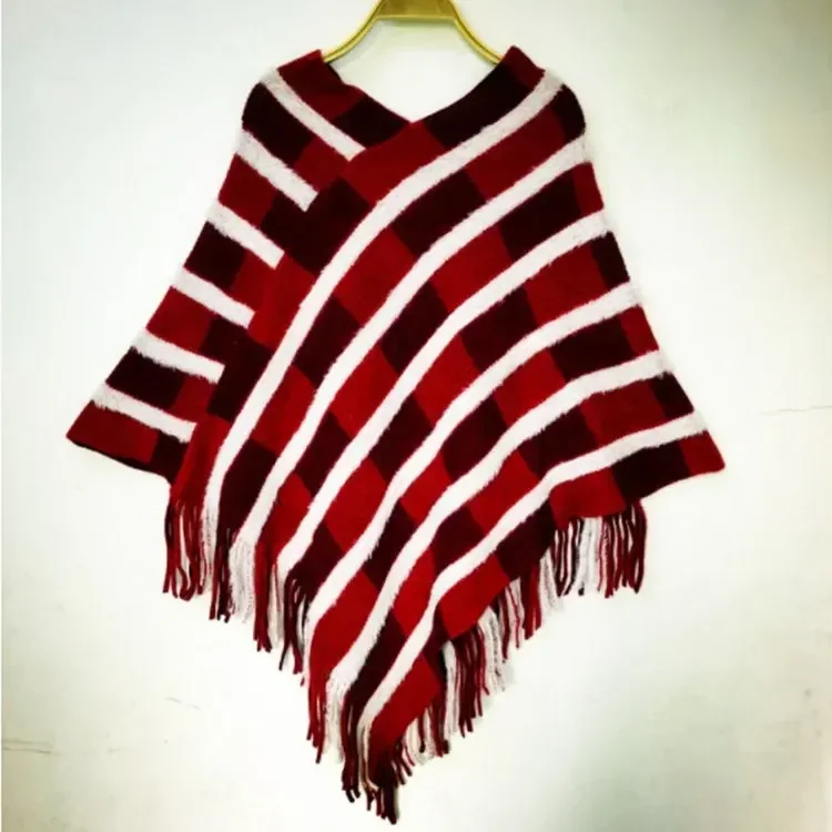Herbst Winter Quaste Schal Warme Streifen Muster Warme Poncho Dame Capes Schwarz Mäntel