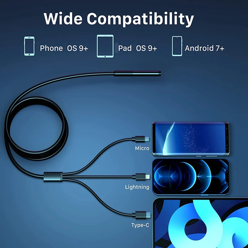 Copper Core Wireless Endoscope Wi-Fi Industrial Borescope With 6 LED Lights, 3 In 1 USB Camera,Waterproof IP67 Inspection Camera