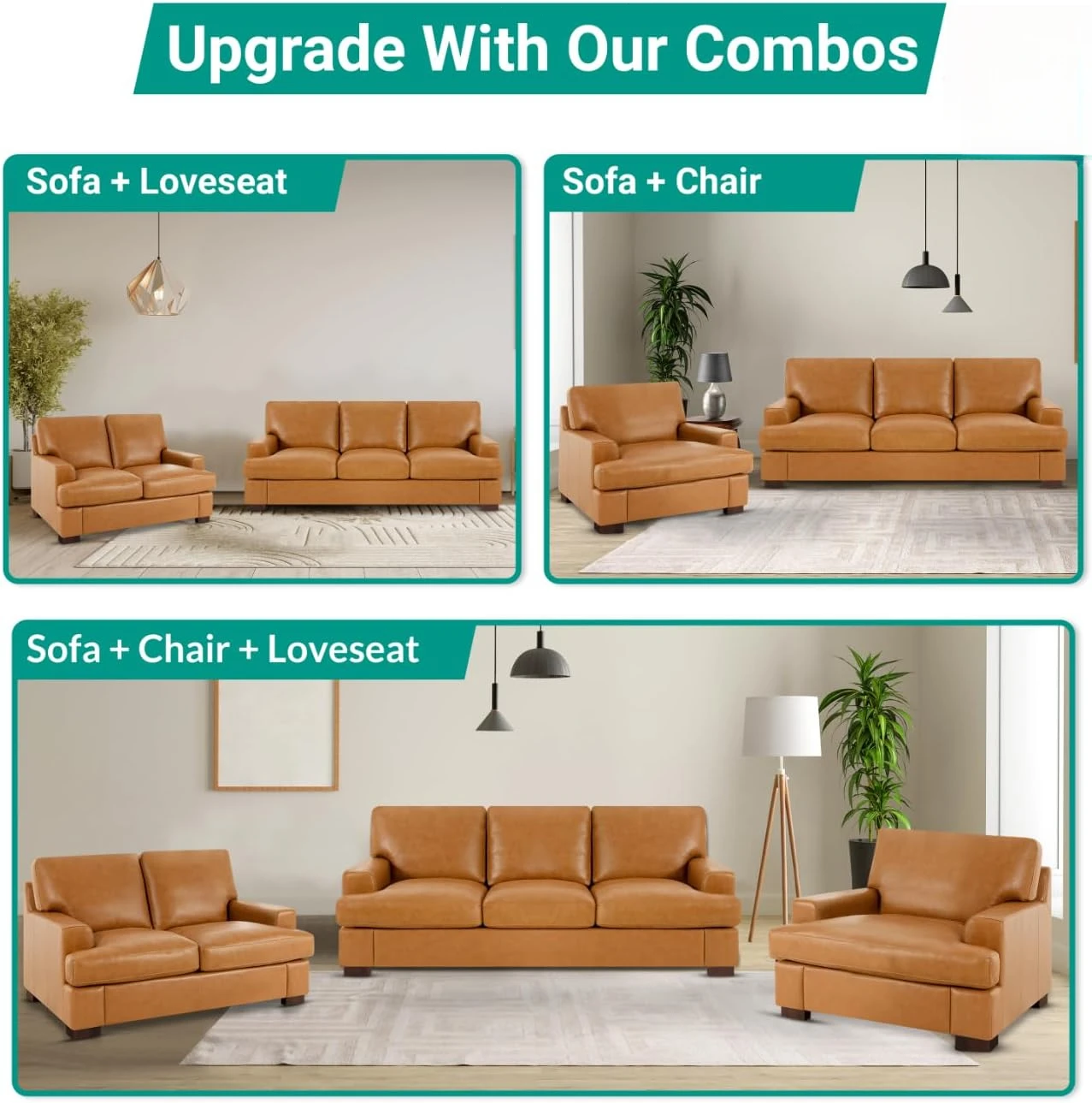 Genuine Leather Sofa - Luxurious Comfort, Goose Feather Cushion Filling, Square Arm Design, Sturdy Block Legs