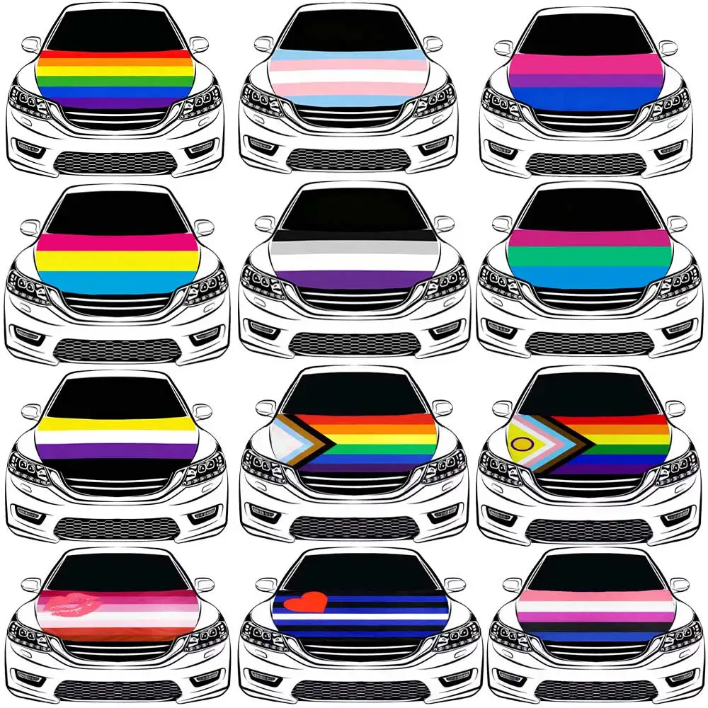 3.8x5.3fts LGBT Rainbow Pride Flag Car Hood Cover Flag Elastic Engine Cover LGBTQIA Lesbian Gay Bisexual Transgender Queer
