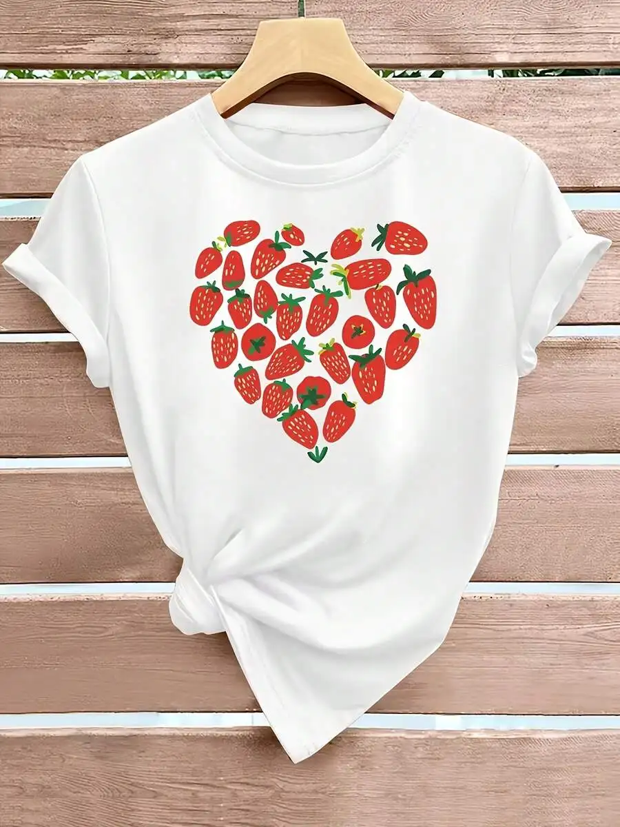 Women Trendy Strawberry Heart Stack Print Short Sleeve T Shirt Valentines Day Gift Elegant Spring Summer Autumn Everyday Wear Casual Top