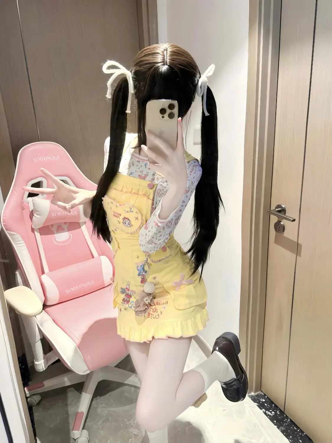 Women Cute Two Piece Set Printed Long Sleeve Shirt and Ruffle Hem Bib Dress Bear Patch Yellow Slim Fit Suit Kawaii Style Outfit