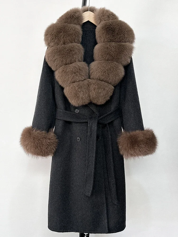 New Women Fashion Warm 100% Wool Real Fox Fur Jacket Overcoat Wholesale New Autumn Winter Clothes Long Natural Woolen Coat