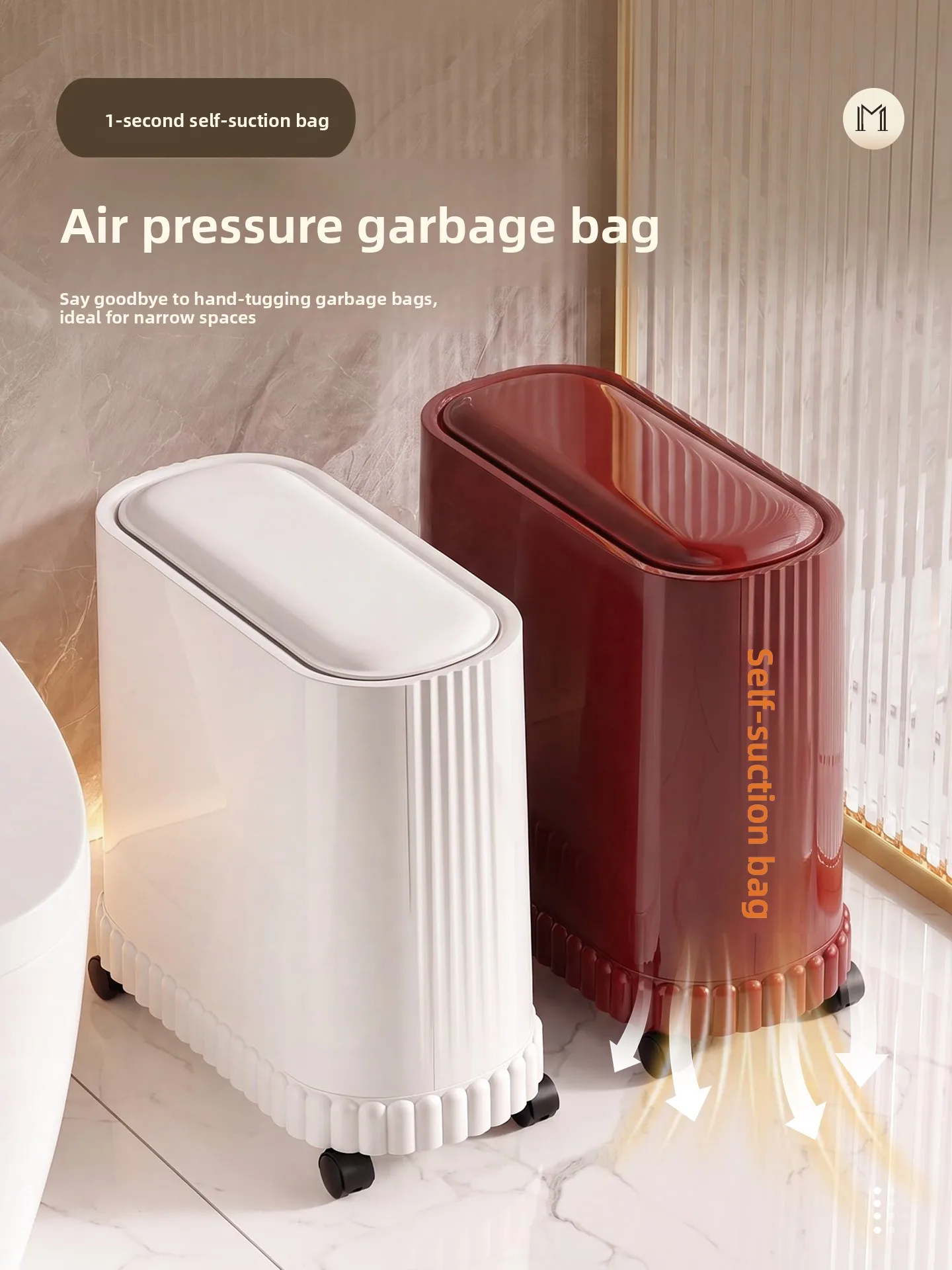 Sealed Bathroom Trash Can with Wheels Home Toilet  Special Use Cover Absorbing Toilet Clamp Barrel Luxury Rectangular Plas...