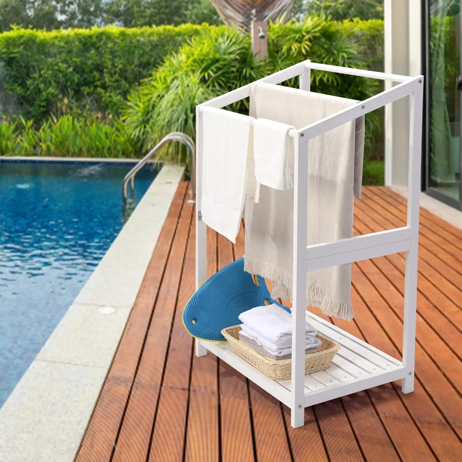 Pool Towel Rack Stand White Freestanding 3 Tier, Poly Lumber, Blanket Holder with Bottom Shelf - Ideal for Swim Pool, Outdoors