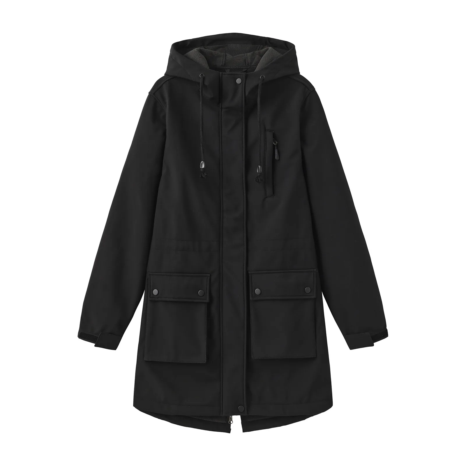 Women's Hooded Multi-Pocket Windbreaker Fleece Lined Raincoat Autumn Winter European Size Women's Wear