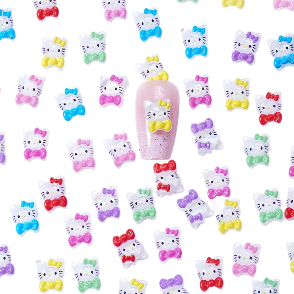 50 Uds. De dijes de uñas de Hello Kitty de dibujos animados, resina roja, rosa, lazo de Hello Kitty, arte de uñas de gato, diamantes de imitación para decoración de manicura Kawaii DIY