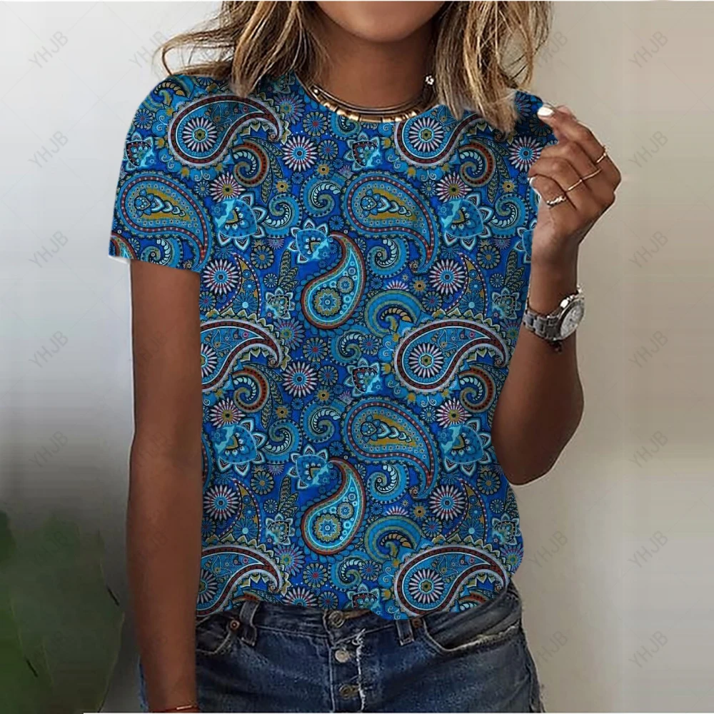 Verano cuello redondo de talla grande Casual estampado bohemio señoras camisetas León estampado 3D camiseta mujer moda suelta manga corta Tops