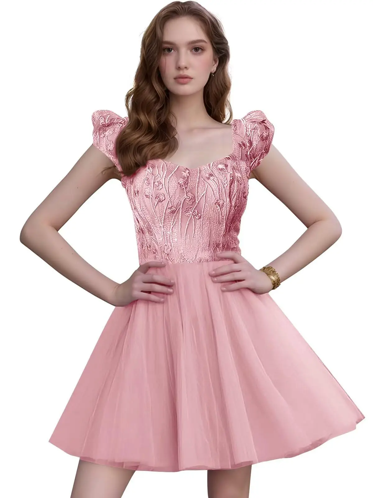

Tulle Homecoming Dresses for Teens Lace Appliques Short Prom Dresses Puffy Sleeve A-Line Cocktail Party Gowns