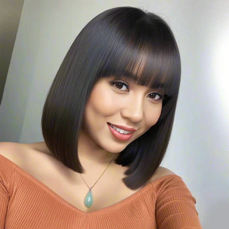 

Черный парик Боб с челкой 12-дюймовый женский парик из синтетического волокна модный, элегантный, гладкий и удобный для поддержания