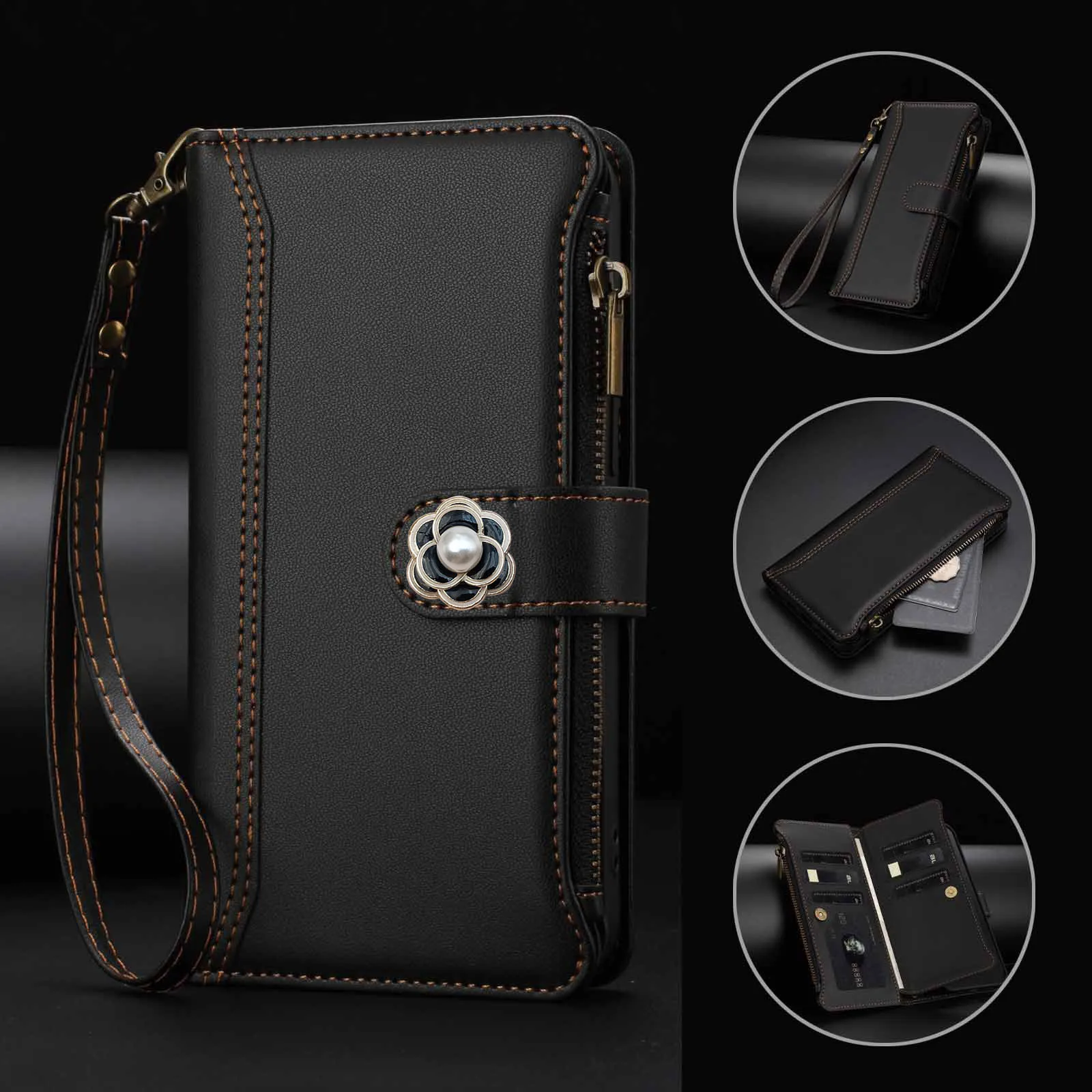 Multi 9 Cards Camellia Flower Phone Case For Xiaomi 17 Pro Max 17T 15T Pro 15 Ultra 14T 14 13 13T Crossbody Leather Zipper Cover