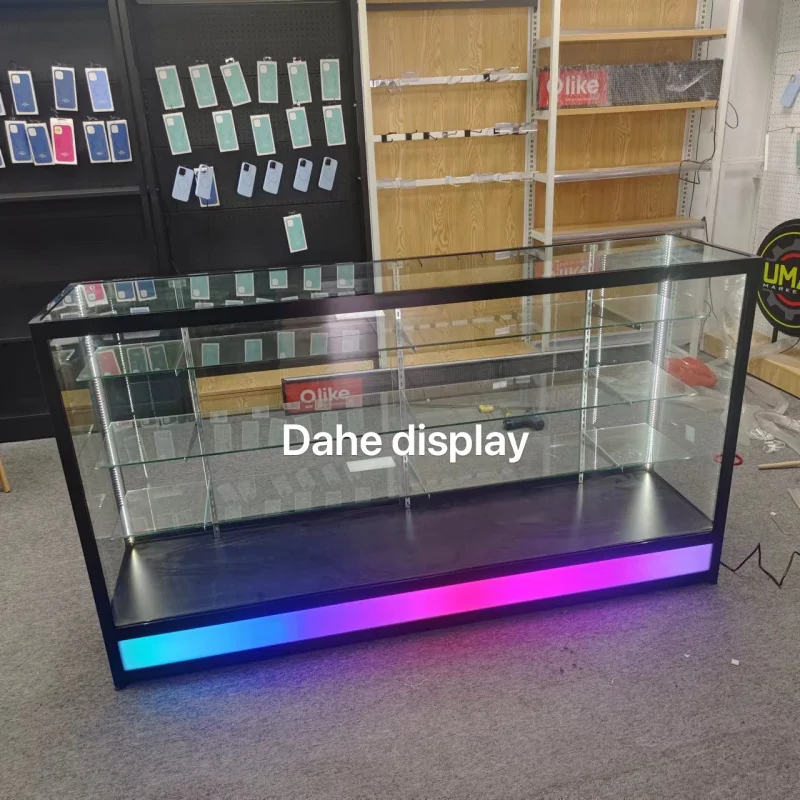 custom.New Design Shop Decor Glass Display Counters with Flowing LED Lights Eye-catching Smoke Shop Display Cases