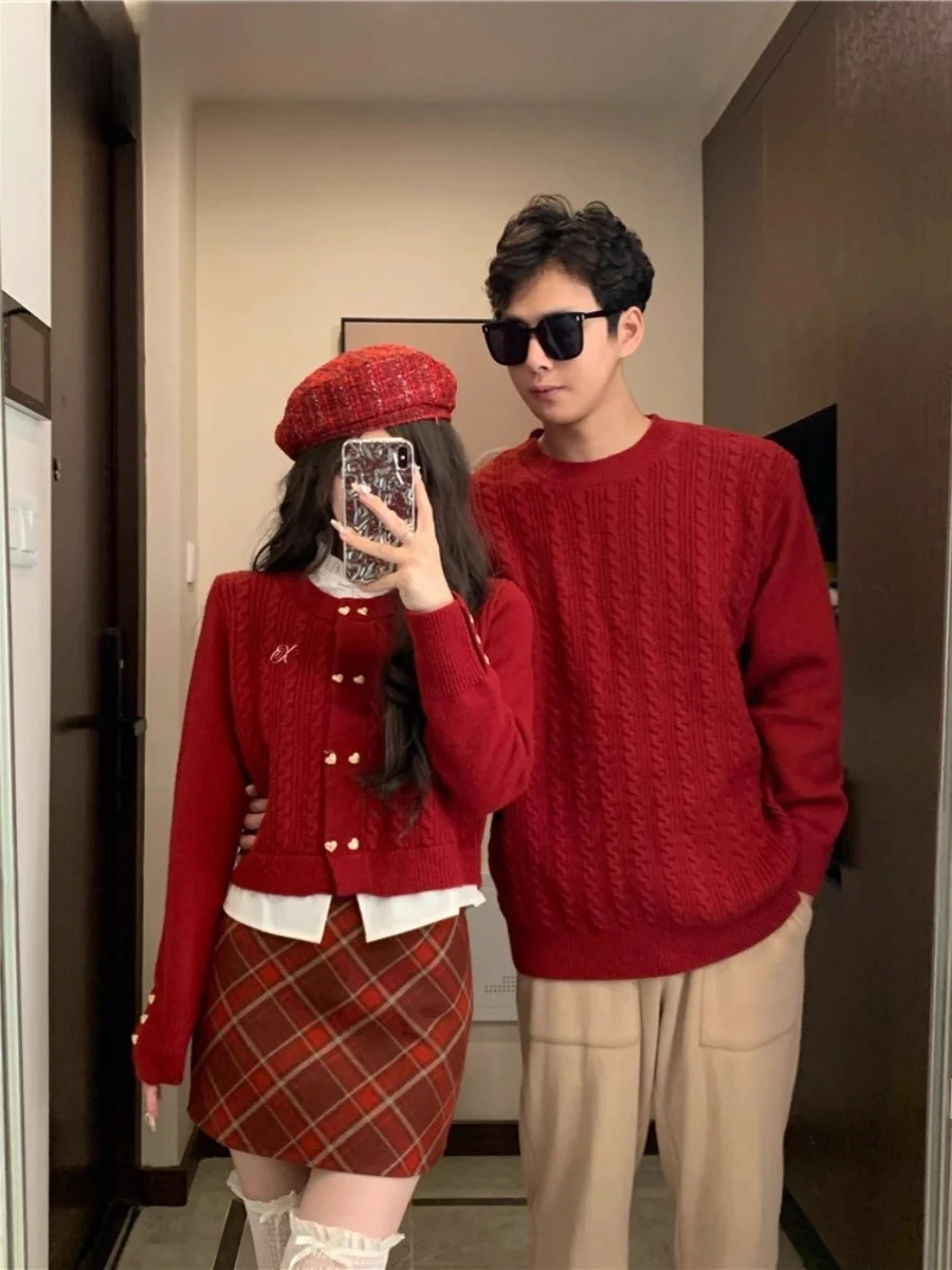 

High-End Red Knitted Sweater Couple Matching Loose Lazy Sle Men's Faion Urban Casual Winter Clothes for Year of