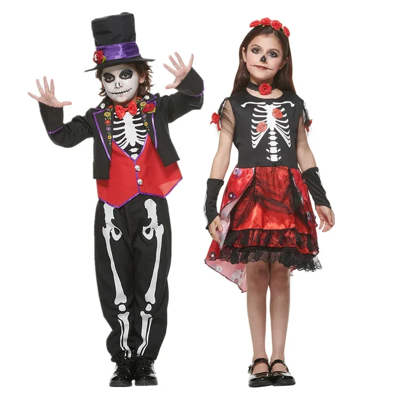 Deluxe the Dead Skeleton Cosplay Costume Mexican Boys Girls Halloween Carnival Easter Purim Fancy Dress