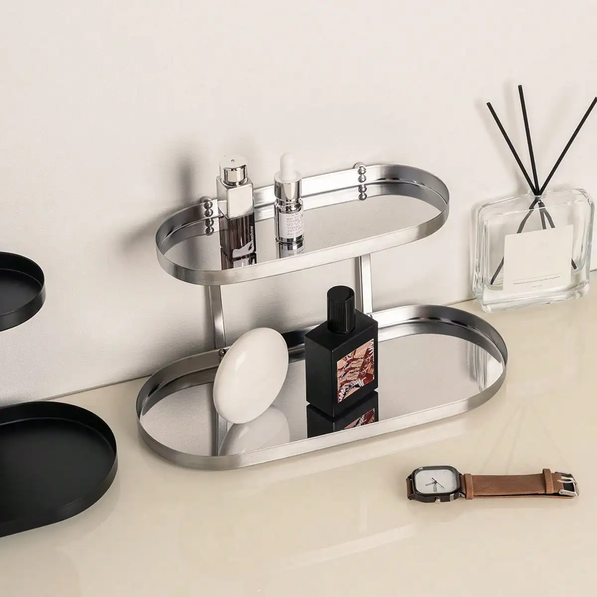 2-Tier Stainless Steel Vanity Tray, Nordic Oval Display Shelf Organizer for Perfume, Cosmetics & Jewelry, Bathroom Countertop Storage Rack, Gold/Black/Silver