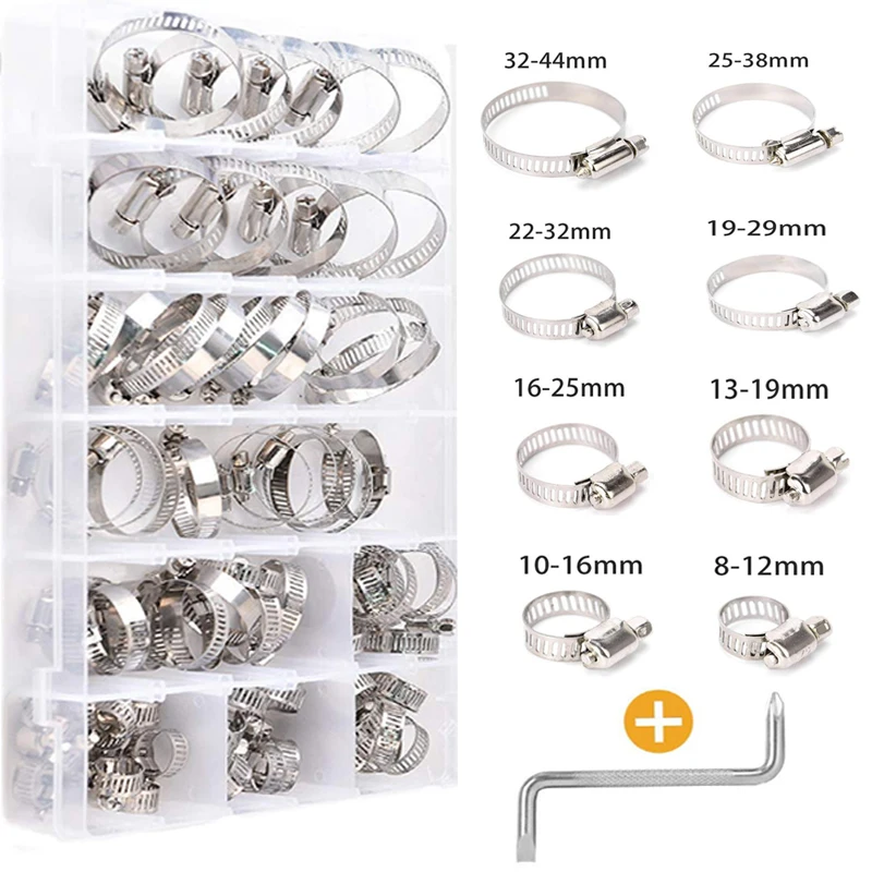 

80pcs Adjustable Hose Clamps Stainless Steel Drive Dose Clamps Fuel Line Worm Wheel 8-44mm Classification Kit with Z-type Wrench