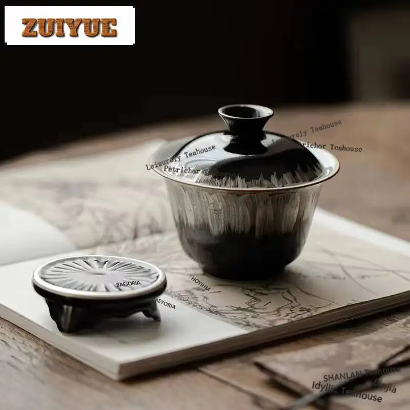 Black Gold Glazed Silver Cover Bowl Handmade Anti-scald Cover Bowl Vintage Tea Tureen Tea Cup Brewing Chinese Tea Set Ornaments
