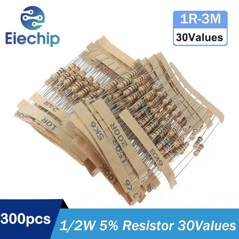 300PCS/Lot 1/2W 30 Kinds Carbon Film Resistor set, 0.5W Resistance 5% 1 ohm ~ 3M Color Ring Resistance Assortment kit