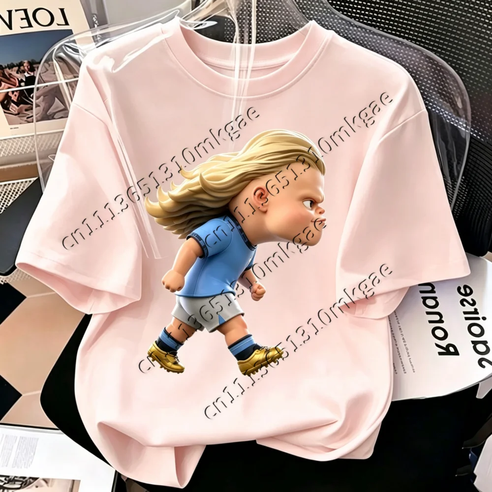 Herren Damen Freizeit Kurzarm T-Shirt Niedliche Q-Version Haaland Cartoon Fußballstar LooseTops Sportfans Kinder Alltags-Shirts – Detail 5