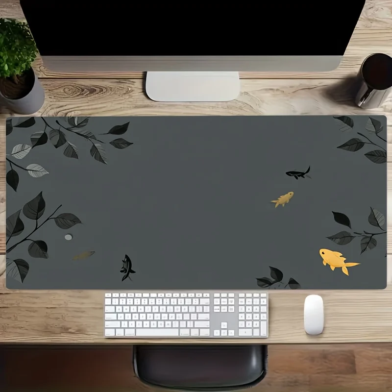 Large Gray-Toned Illustration Mouse Pad with Colorful Koi Fish Swimming Among Leaves, an Ideal and Perfect Gift Choice for Gamers as an Extra-Large Desk Mat or