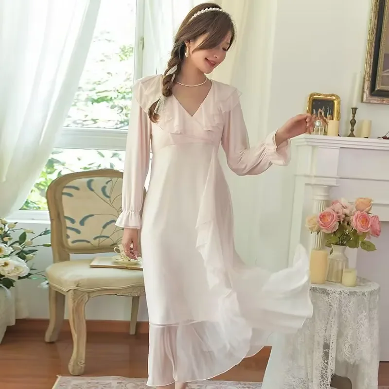 Vintage Luxury Modal Gauze Women\'s Long Sleepwear Soft Lace Elegant Dress Spring Autumn Summer Loose Nighty Clearance