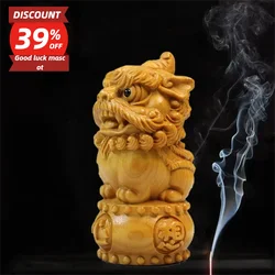 Natural Cypress Auspicious Lion Animal Figurine Hand-Carved Home Room Office Car Decoration  Chinese Characteristics Figurines