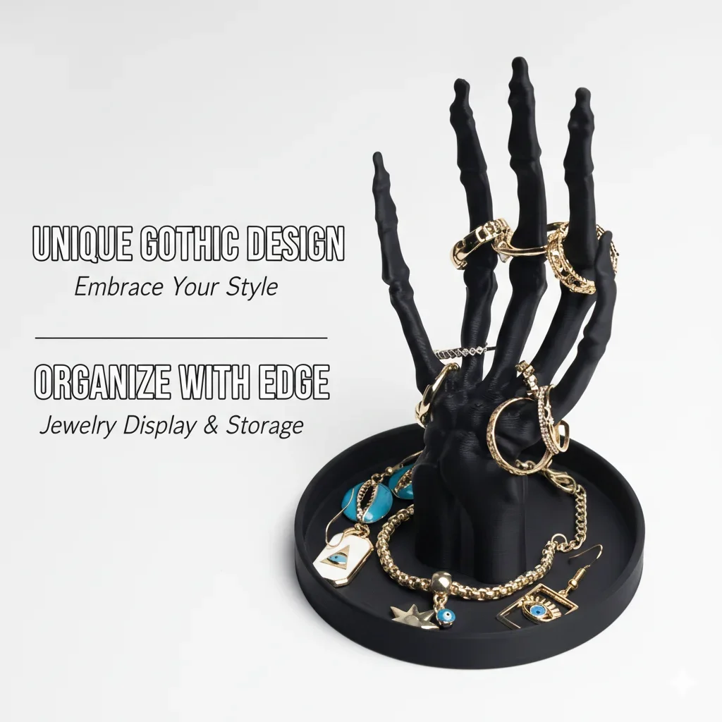 Gothic Matte Black Twisted Skeleton Hand Jewelry Organizer Stand Holder For Vanity Dressing Table Decor Halloween Gift For Women